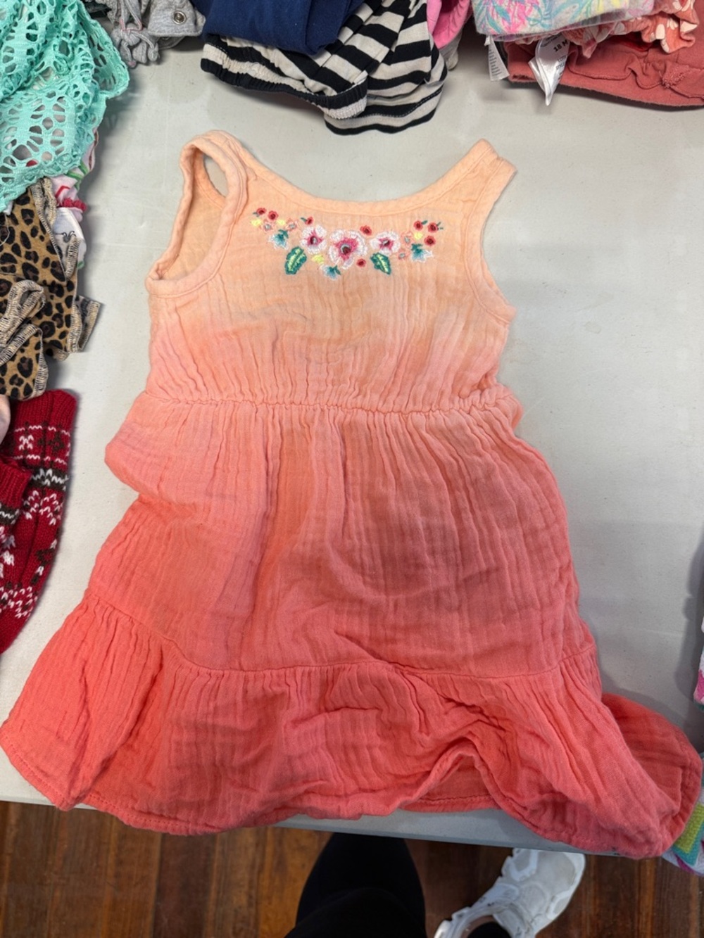 Girls' Ombre Coral Sleeveless Dress with Floral Embroidery